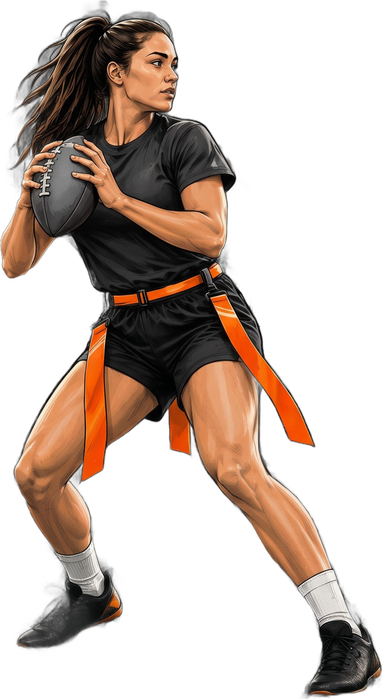 A girls flag football quarterback holding the ball, ready to pass