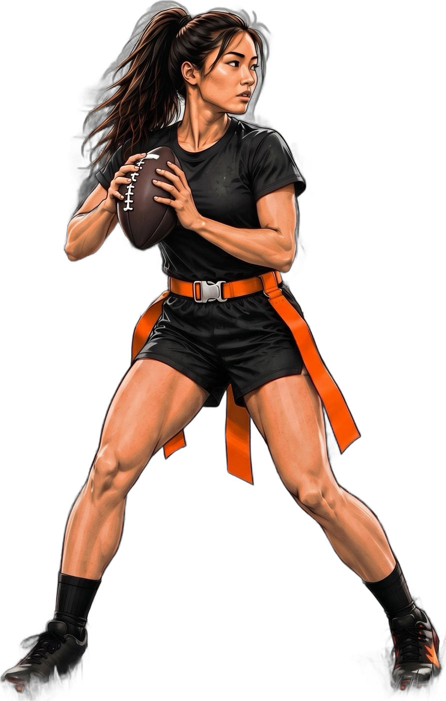 A girls flag football quarterback ready to take the snap
