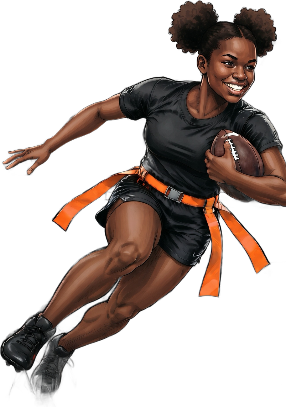 A smiling girls flag football player running with the ball